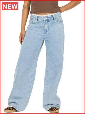 Wide-Leg Jeans with Lace Trim Waistband, High Rise, Cotton Blend Denim